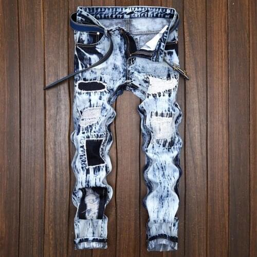 2020 AUTUMN Spring Mens Ripped Street HIP HOP Punk Stretch Bike Jeans Trendy Holes Straight Denim Trouers