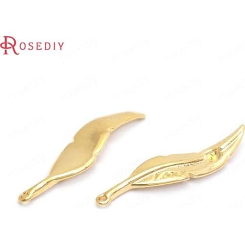 37369)10PCS 23x5.5MM 24K Gold Color Brass with Half Pins Feather Charms Pendants High Quality Jewelry Making Supplies Findings