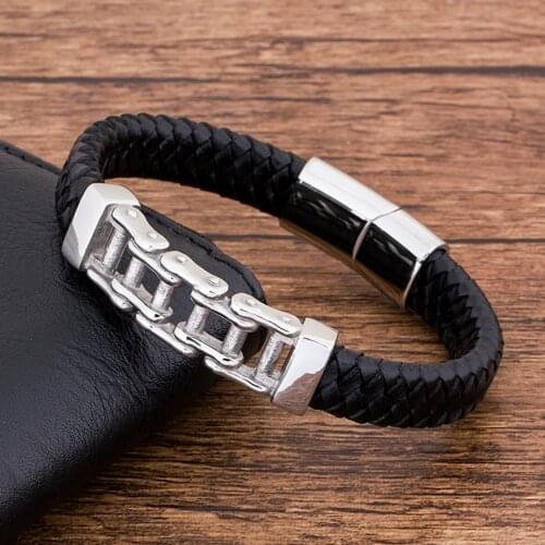 Fashion Stainless Steel Magnet Black Leather Men bracelet Charm Chain Jewelry Accesssories Handmade Rock Punk Bangle Gift