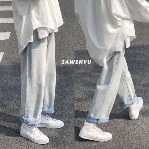 Summer pants men Harajuku simple loose straight-leg ripped jeans Korean trend unisex ankle-lengt trousers students streetwear