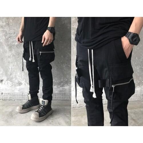 Black Mens High Street Multi -Pocket Slim Fitted Jogger/Boots Pants Casual Overalls / Pioneer Pocket Zipper Slacks / Webbing Ni