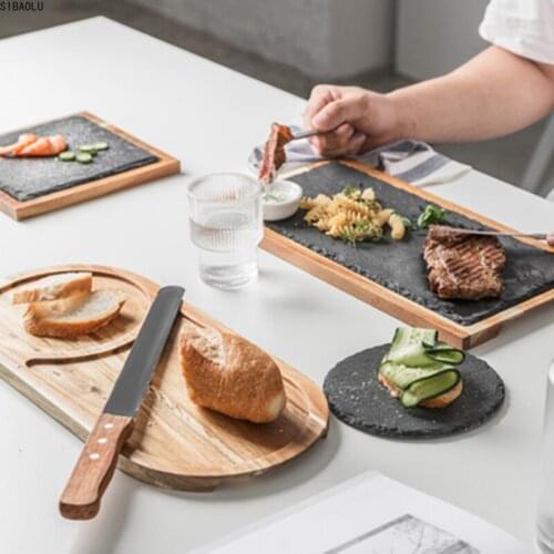 Solid Wood Tray Black Solid Wood Western Food Plate Rock Plate Acacia Wood Plate Western Food Japanese Food Plate Snack Dessert
