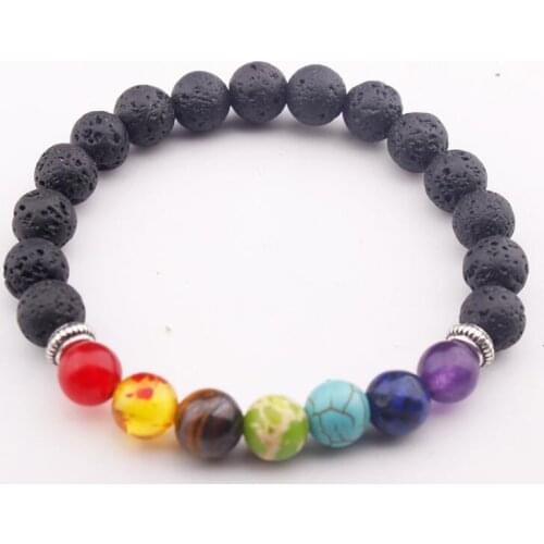 European natural volcanic stone seven colors chakras energy yoga silver piece bracelet hand string jewelry wholesale 120pcs/lot