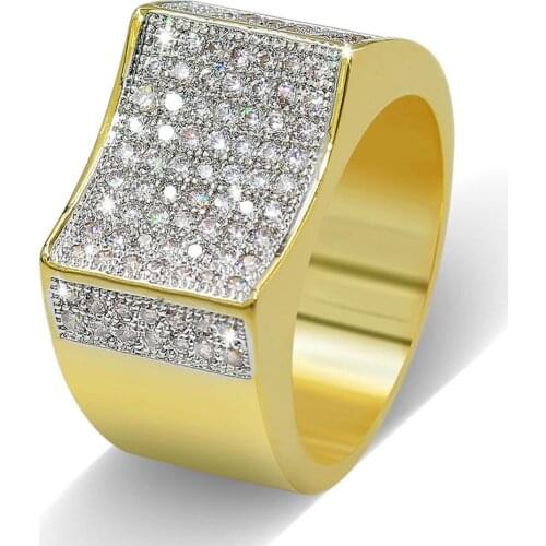 Hip Hop Micro Pave AAA Cubic Zirconia Bling Iced Out Gold Concave Curved Surface Geometric Rings for Men Women Rapper Jewelry