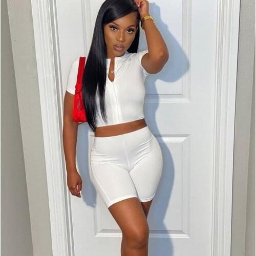 Summer Casual Sporty 2 Piece Set Women Matching Sets Outfits Streetwear Two Piece Short Set Zipper Crop Top +Elastic Shorts Sets