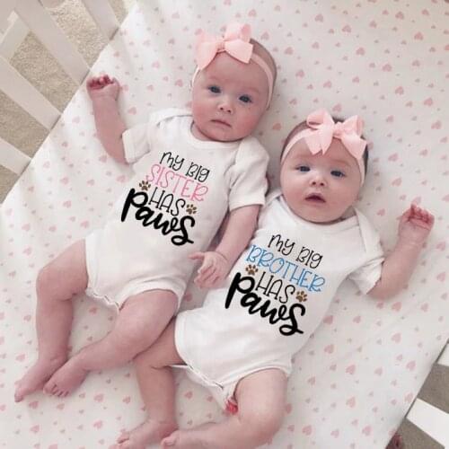 My Big Sister Brother Has Paws Summer Baby Clothing Newborn Baby Bodysuit Girls Boys Playsuit Infant Rompers Kids Funny Jumpsuit