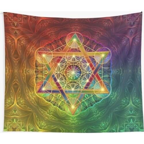 Metatrons Cube with Merkabah and Flower of Life Tapestry Psychedelic Colorful Wall Hanging Tapestries Dorm Wall Art Yoga Mat