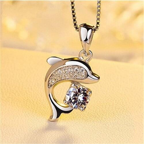 Fashion Crystal Dolphin Pendant Silver Color Chain Necklace Women Girls Jewellery Gift