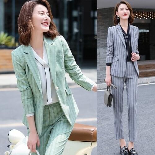 Fashion Casual Blazer Women Business Suits with Pant and Jackets Sets Office Uniform Style Green Grey