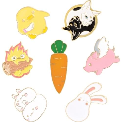 Cartoon Animal Little Flame Holding Firewood Rabbit Carrot Fun Black White Rabbit Enamel Pin Brooches Jewelry Gifts Wholesale