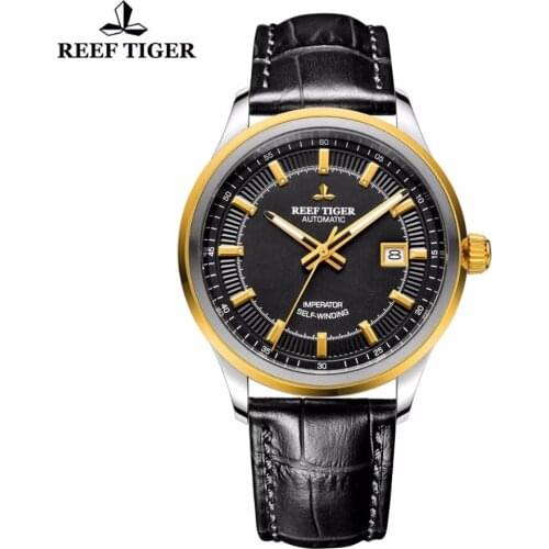 Reef Tiger/RT Dress Business Men Watch Miyota 9015 Movement Super Luminous Watches with Date Steel Yellow Gold Watch