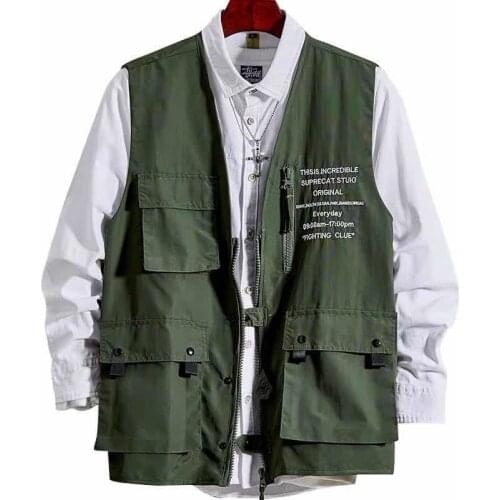 Men`s Fashion Cargo Vest Multi Pockets Japanese Style Printed Street Waistcoat Sleeveless Jacket and Coat For Man