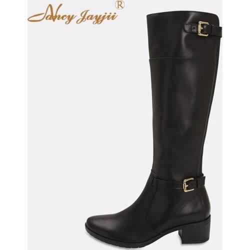 Female Med-Calf Boots Ladies Adult Shoes Med Square heels Round Toe Slip-On Buckle Winter Mature Elegant Fashion Basic 2019