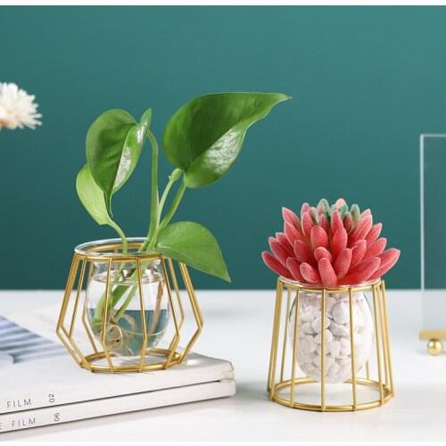 Nordic hydroponic Glass plant pot Geometric metal Flower ornaments desktop home decoration flowers vase terrarium room decor