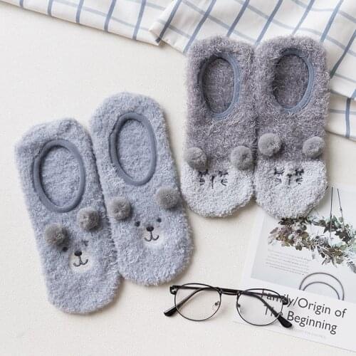 2 Pairs Cute Cartoon Gray Animal Fluffy Socks Women Anti-skid Floor Socks Winter Thick Warm Home Bed Fur Socks Cheap Sokken