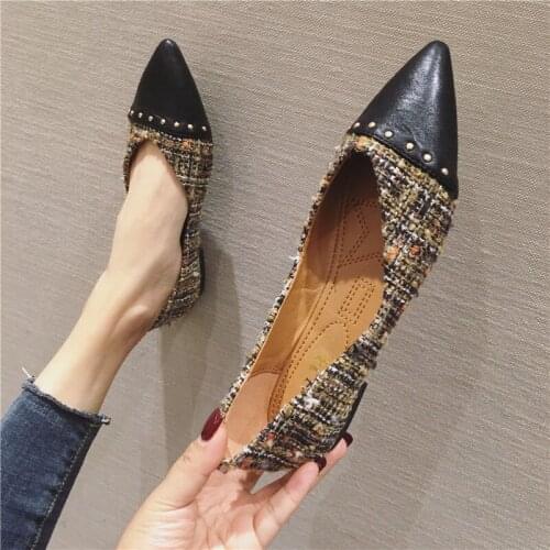 Famous designer knitting flat shoes woman pointed toe metal rivets comfy moccasins women slip on loafers ballet flats big size41