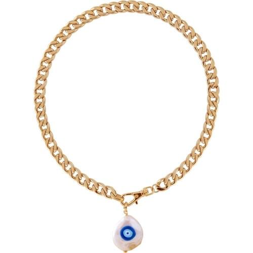 Collar Georgeos chunky enamel blue evil eye baroque freshwater pearl pendant charm chokers necklace stainless steel chain women