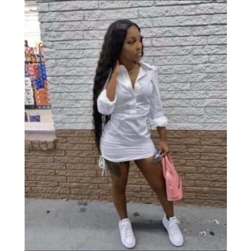 2021 Summer Womens Fashion New Fashion Simple Multi Color All Match Elegant Thin Lapel Drawstring Design Shirt Deep V Dress