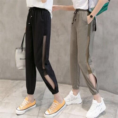 Casual Gothic Korean Fashion Women Patchwork Side Mesh Hollow Out Sweat Pants 2021 Female Gym Sport Harajuku Trouser Apparel New