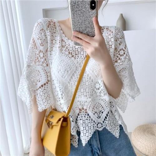 Simple Shawl Hollow-out Sweater Thin Artistic Pullover Blouse Womens Top