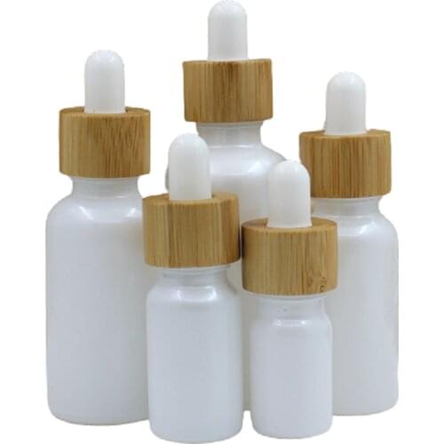 Empty Pearl White Glass Essential Oil Dropper Bamboo Wood Ring 5ml 10ml 20ml 30ml 50ml Cosmetic Packaging Essence Bottle 15pcs