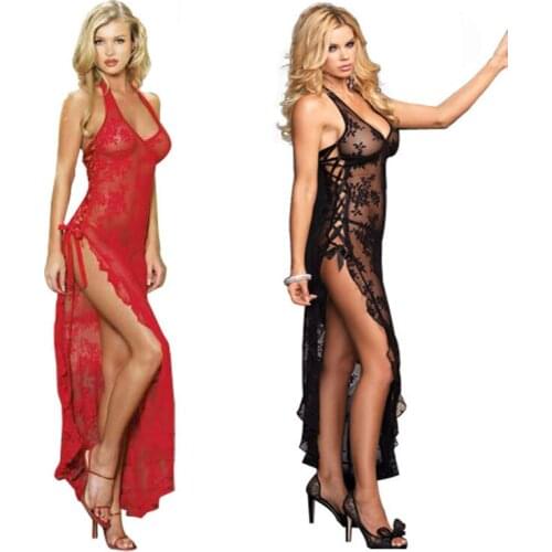 Romantic Black Red Women Sexy Villi Lace Maxi Long Nightdress Erotic Maid Temptation Perspective Nightgown Adytum Slips S-6XL