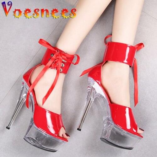 Sexy Nightclub Women Shoes Patent Leather Lace-Up Sandals Platform Pole Dance Transparent Thin High Heels Peep Toe Crystal Shoes