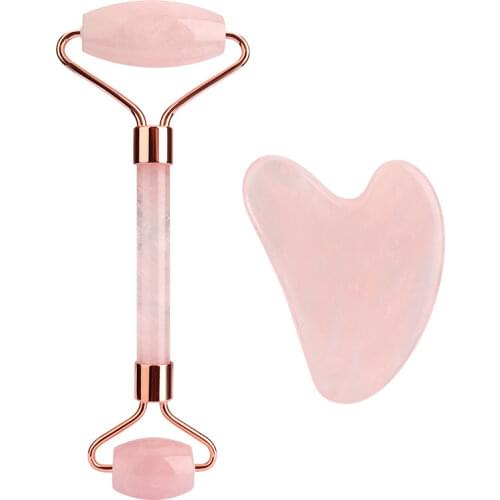 2Pcs Jade Roller Massager For Face Rose Quartz Natural Stone Gouache Scraper Pink Lifting Wrinkle Remover Faical Beauty Tool
