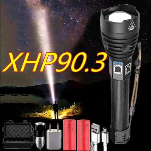 Super Bright XHP90.3 Powerful Flashlight Torch 26650 Battery USB Rechargeable Led 10000lm Tactical Flash Light Zoom Lamp