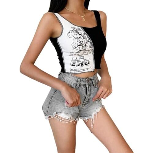 Womens Sexy Tank Top, Fashion Letter Print Color Block Sleeveless Rib Knit Crop Top