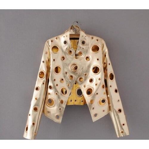 2020 Spring Women Gold Rivet Circle Short Jacket Fashion Motorcycle Short Jacket Female Top Pu Clothing Singer Stage Costumes