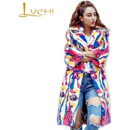 LVCHI 2019 Winter Print Contrast Color Mink Coats Real Fur Turn-Down Collar Natural Fur Mink Womens Medium Causal Mink Coat