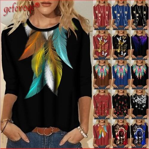 Women Clothes Feather Floral Print T Shirt 2021 Autumn Tredny Casual Long Sleeve Harajuku Tops Loose Plus Size Tee Shirts Female