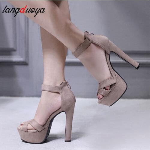 Gladiator Buckle Strap Woman Sandals Party String Square heel Shoes Summer Sexy Woman Shoes Black Platform High Heel Sandals
