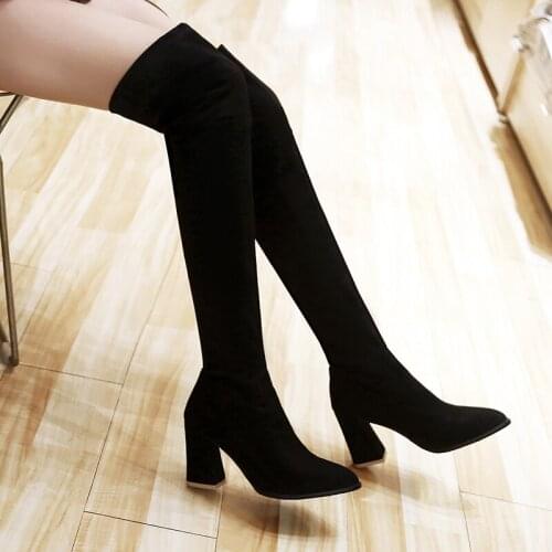 New Women Shoes Boots Block High Heel Pointed Toe Over the Knee Long Boots Big Size Boots Black Red Brown