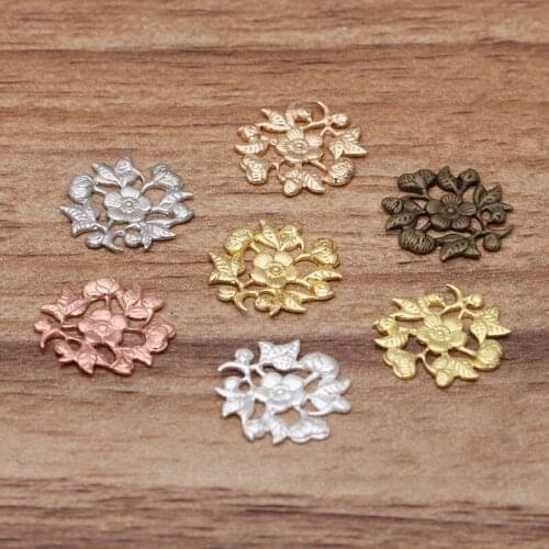 15mm Vintage Brass Hollow Filigree Flower Charms Bases Connectors Wraps Finding Hair Clasps DIY Jewelry Accessories