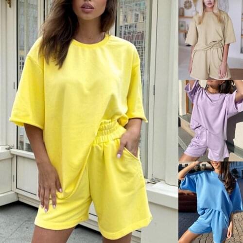2pcs/Set Solid Color Two Piece Set Women Outfits Set Short Sleeve O Neck Hoodies Top Loose Shorts 2 Piece Set Women Tracksuits