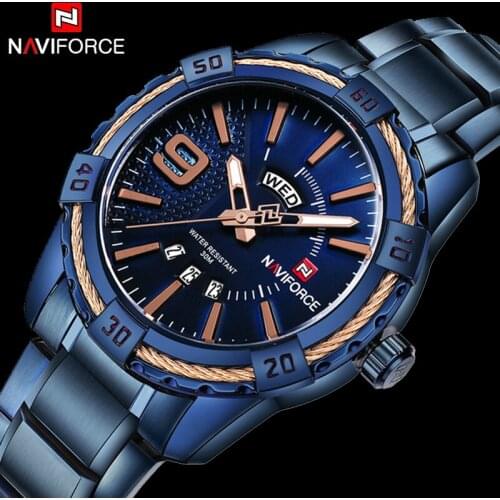 2018 NAVIFORCE Brand New Men Sport Watches Mens Waterproof Analog Quartz Wristwatches Man Gold Stainless Steel Calendar Clock