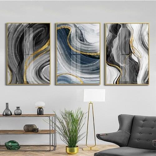Abstract Gold Foil Annual Ring Canvas Painting Black Ink Wall Art Picture Tableaux for Living Room HD Blue Line Poster and Print