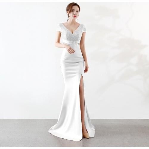 Beauty-Emily V Neck Sequin Evening Dresses Long Split Mermaid Multi Colors Formal Party Gown Open Back Sexy New Vestido de noche