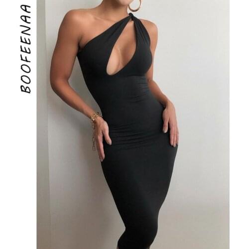 BOOFEENAA Elegant Sexy Solid Midi Dresses for Women Party Club Asymmetric Cut Out One Shoulder Backless Bodycon Dress C83-BB20