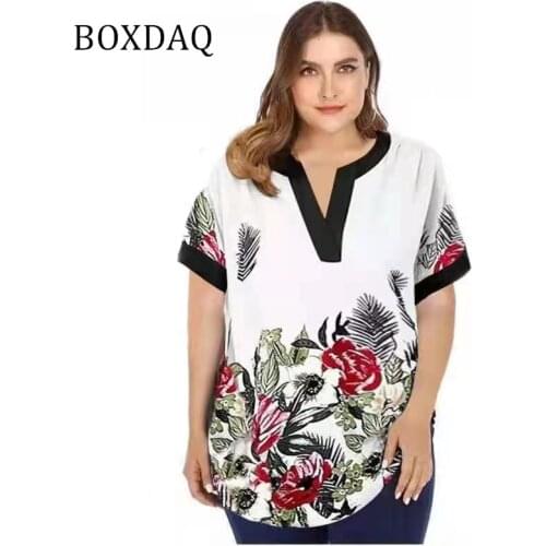 BOXDAQ 2021 Women Blouses Short Sleeve Floral Printed Shirt Casual Split V-Neck Loose Ladies Tops Summer 5XL Plus Size Clothes