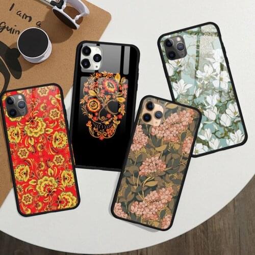 Khokhloma Russian Pattern Flower Phone Case Tempered glass For iphone 11 12 PRO MAX X XS XR 5C 6 6S 7 8 plus