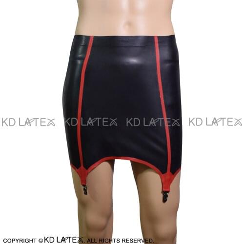 Black Sexy Latex Skirt With Suspenders Lacing At Back Red Trims Rubber Garters SEX-0048