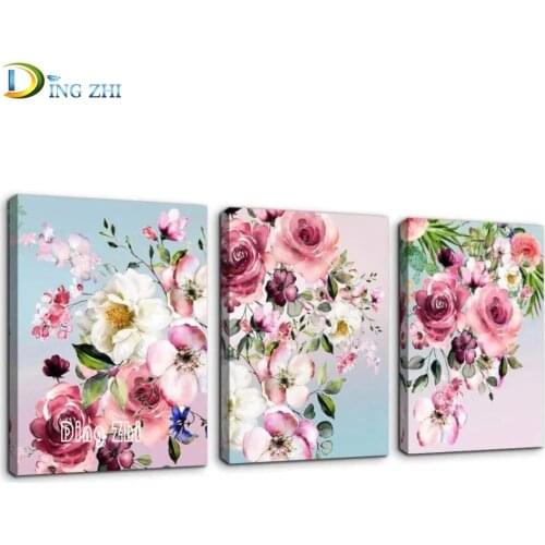 Flower Wall Art Diamond Painting Pink Rose Bathroom Diamond Embroidery Botanical Poster Bedroom Decor Farmhouse Mosaic Triptych