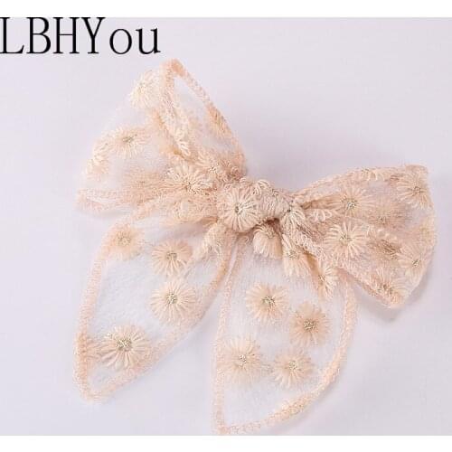 Kids Girls Embroidery Bows Hair Clips Handmade Mesh Daisy Knot Hair Barrettes For Girl Princess Flowers Print Hairpins
