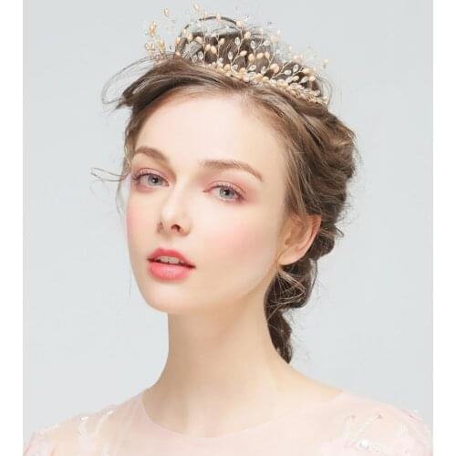 Europe And American Big Crown Pink Pearl Handmade Headband Elegent Vintage Wedding Head Veil Jewelry Bridal Headdress