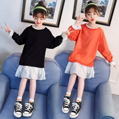 Sweatshirt Dress Cotton for Little Girls Long Sleeve Fake Two Piece Patchwork New Arrival Loose Casual Style Children Clothing