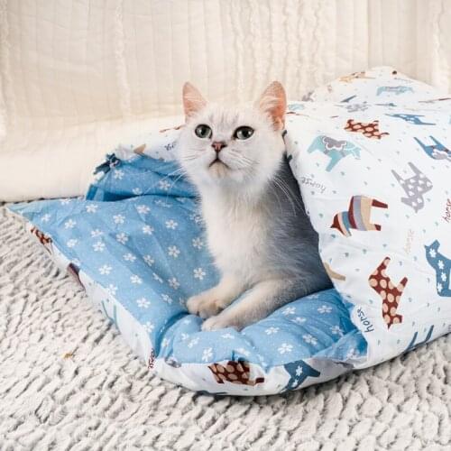 Pet Dog Bed House With Pillow Japanese Cat Bed Warm Cat Sleeping Bag For Deep Sleep Winter Detachable Folding Cats Nest Cushion