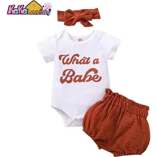 Newborn Baby Girl Summer Clothes 2021 Casual Letter Rompers Solid Color Shorts Headband Outfit For Girls Infant Clothing Sets